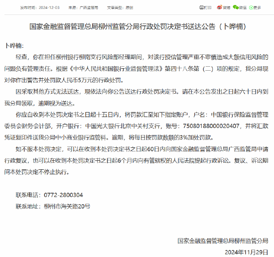 柳州銀行柳南支行授信管理嚴重不審慎造成大額信用風險 時任風險部經理被罰5萬元