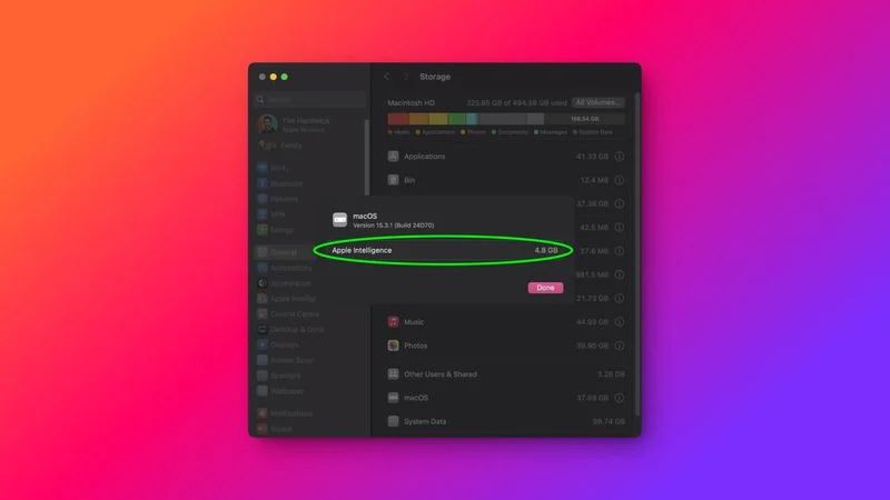 macOS 15.4 Beta 2 隱藏 Apple 智能存儲信息，蘋果稱最多占用 7GB