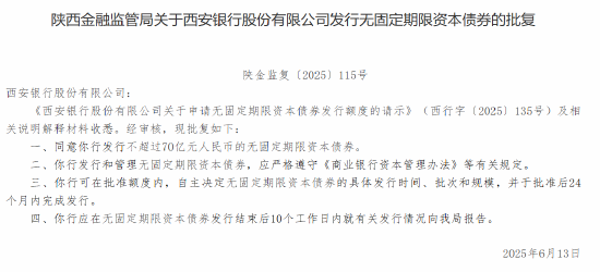 西安銀行獲批發行不超過70億元人民幣的無固定期限資本債券